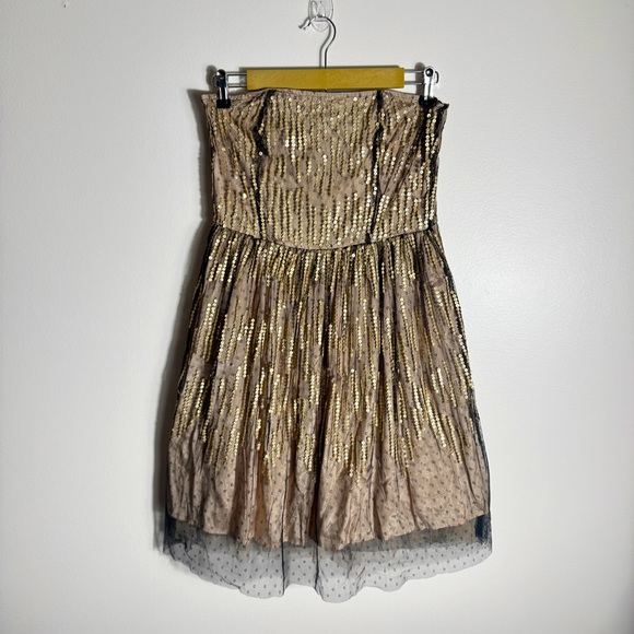 Frock‎ And Frill Black Strapless Dress Women's 10 Sweetheart Neck Gold Sequin - Picture 1 of 10